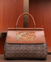 Tote Calf Handbag Brown Embroideried Leather Elegant